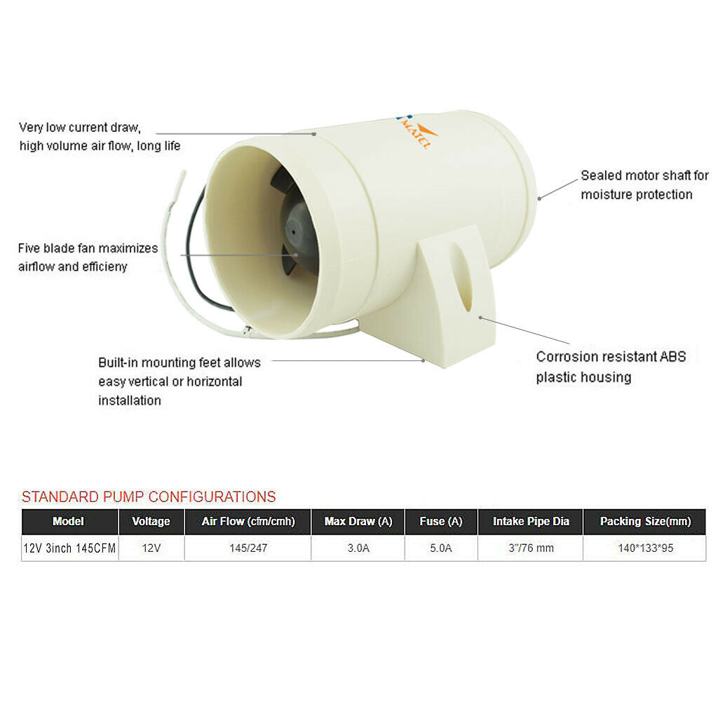 12V 3 '' bilge blower inline blower bilge blower fan with ABS
