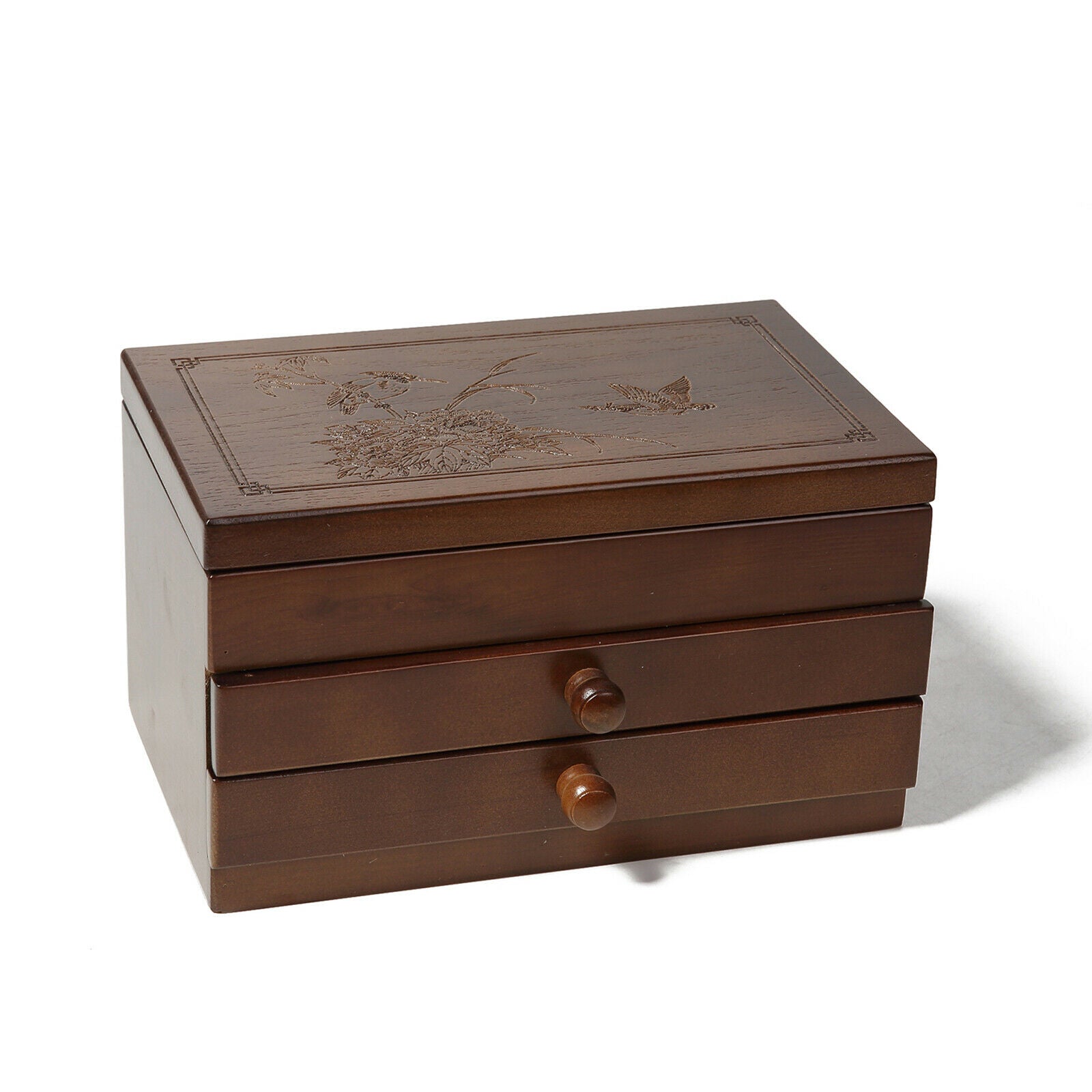 Wooden Jewelry Box Earrings Organizer Case with Mirror & Drawer for Women