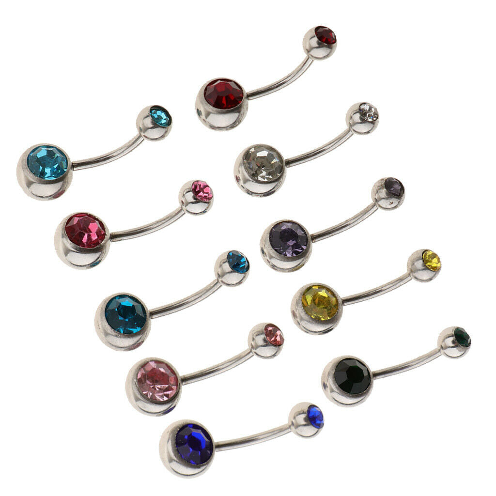 10Pcs Stainless Steel Navel Ring Curved Barbell Piercing Crystal Rhinestone