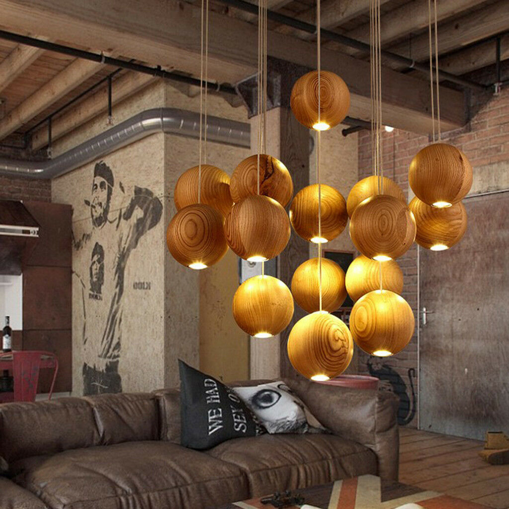 Dia.10cm Wooden Ball-shape Ceiling Pendant Lamps Shop Restaurant DIY Light