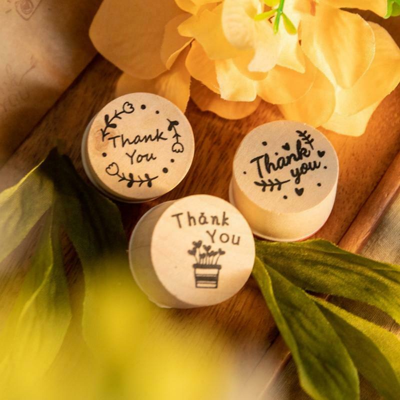 6pcs Card Making Stamps Set Thank You Decorative Mounted Wooden Rubber Stamp DIY