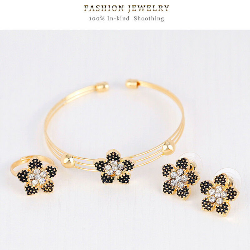 4PCS Black Peach Blossom Necklace Earrings Ring Bracelet Jewelry Sets Wed.l8