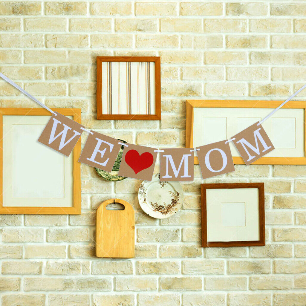 Mothers Day Banner Kraft Paper Heart WE LOVE MOM Bunting Home Hanging Decor