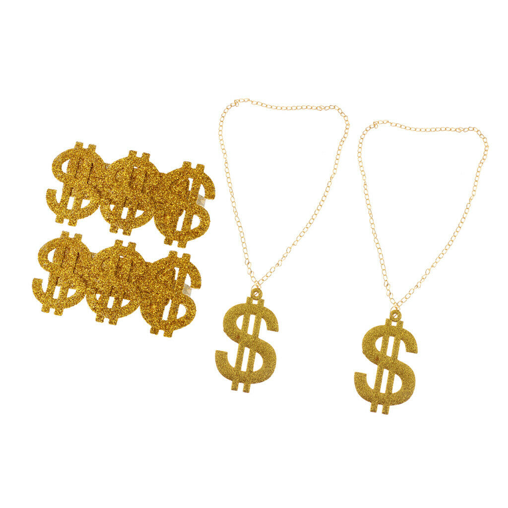 Set of 4 Pieces Glitter Dollar Signs Ring Necklace 70s 80s Rapper Big Daddy