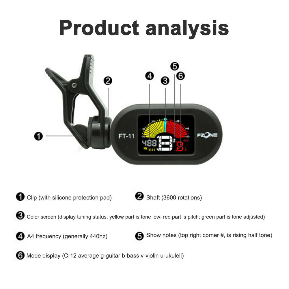FT-11 Clip-on Tuner for Guitar Bass Violin Ukulele Guitar Tuning Instrument