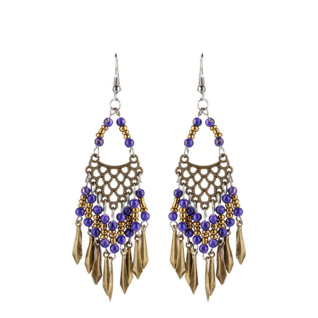 Behomia Ethnic Retro Braided Beads Leaves Tassel Fringe Hook Earrings Blue