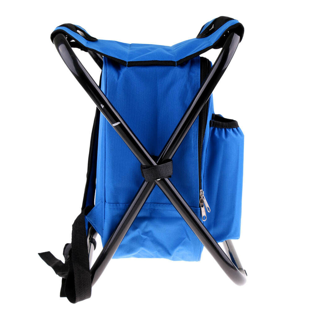 Foldable Backpack Chair Portable Camping Stool with Cooler Bag blue
