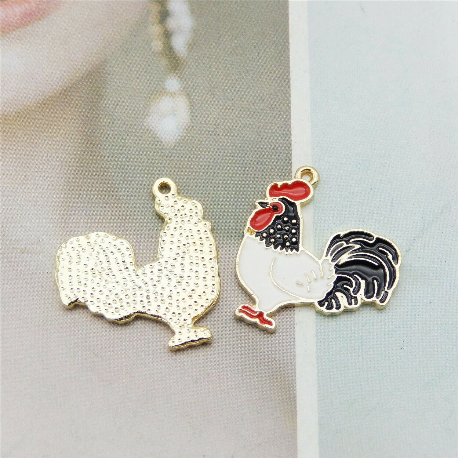 8PC Enamel 24x22mm Colorful Chicken Rooster Pendant Charms for Bracelet Necklace