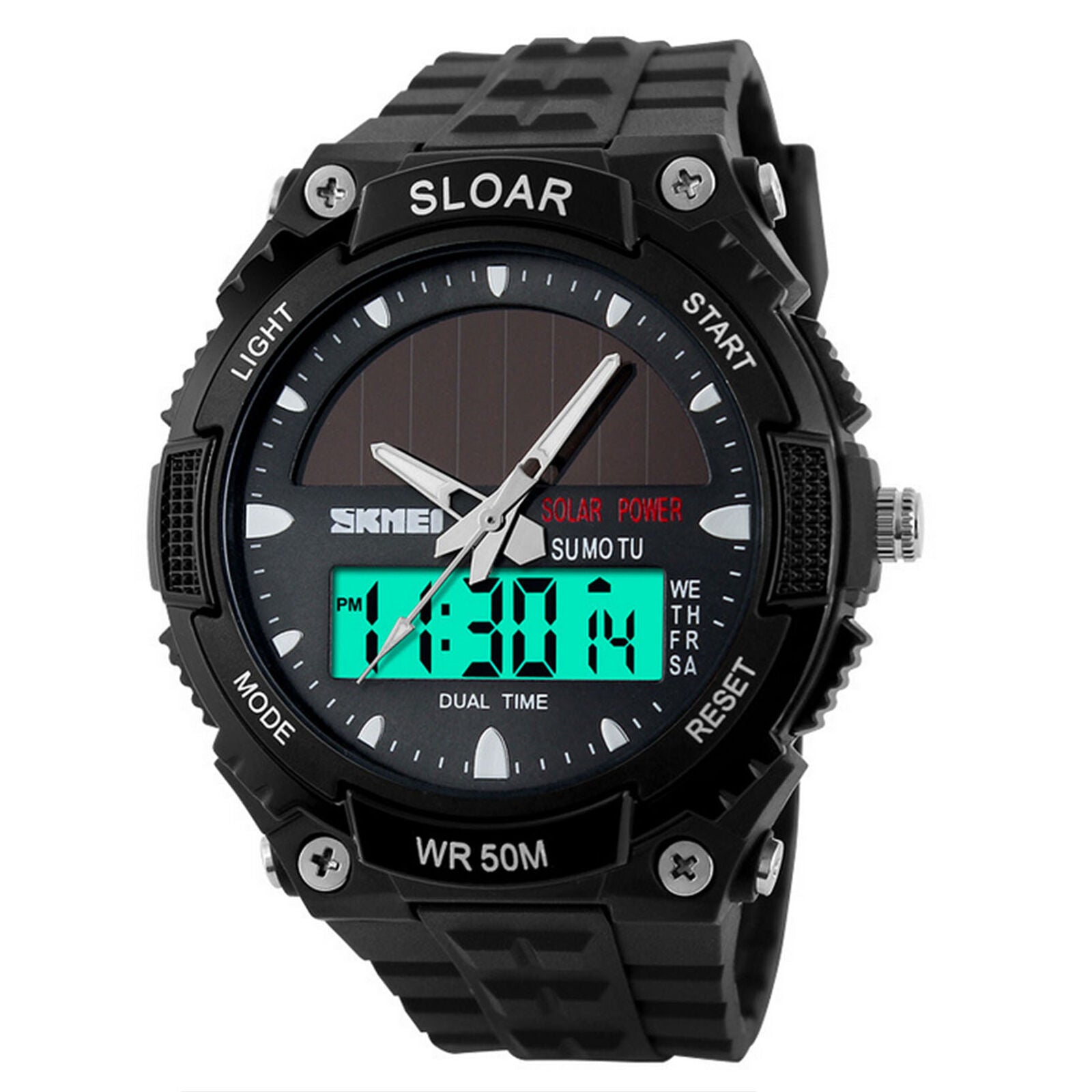 Men Solar Power Sport Dual Time LED Digital Waterproof Analog Quartz Watch New