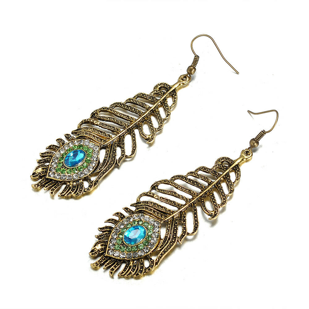 Retro Women Rhinestone Peacock Eye Feather Dangle Hook Earrings Jewelry Gift New