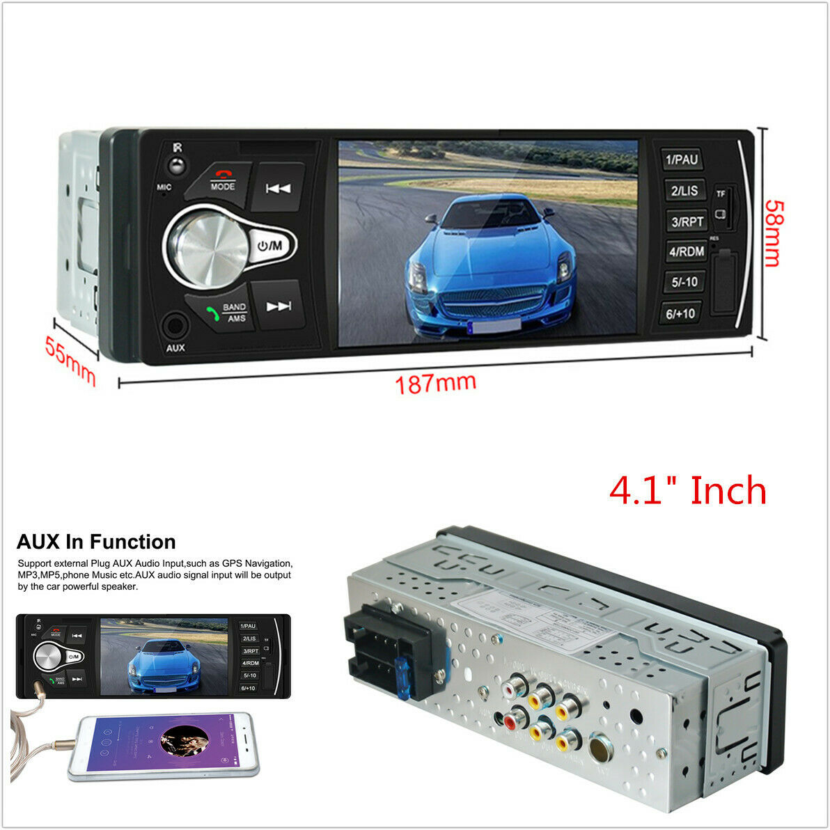 1 DIN 4.1" Car Stereo Radio Audio MP5 Player Bluetooth MP3 FM AUX USB w/ Remote