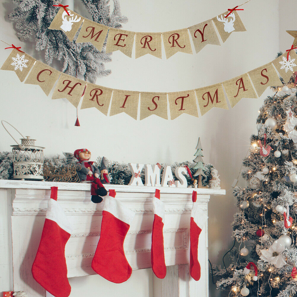 Merry Christmas Letters Banners Linen Hanging Flags Xmas Bunting Garland @