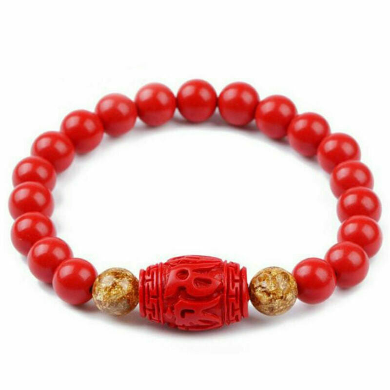 Chinese 8MM Natural Red Organic Cinnabar Elastic Bracelet Lucky Amulet Gift