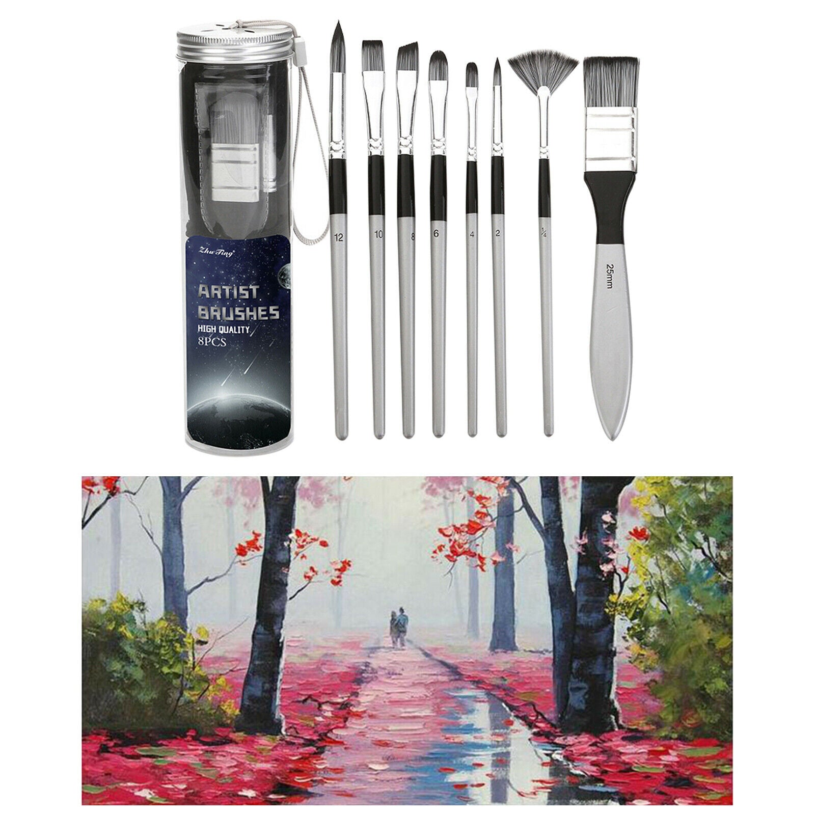8Pcs Painting Brushes Flat Filbert Watercolor Drawing Paintbrush Holder