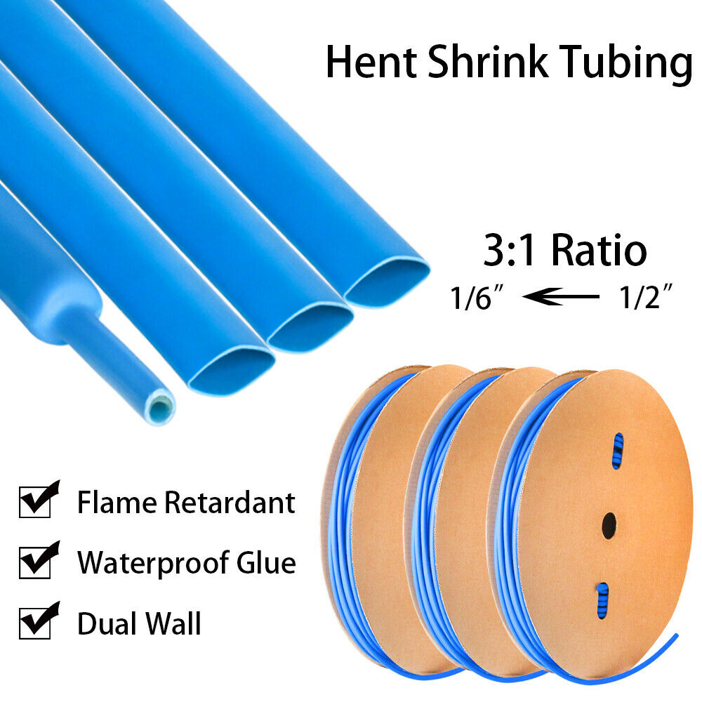 Marine Dual Wall Heat Shrink Tubing 3:1 Ratio Adhesive Glue Lined Blue 5Ft 1/2"