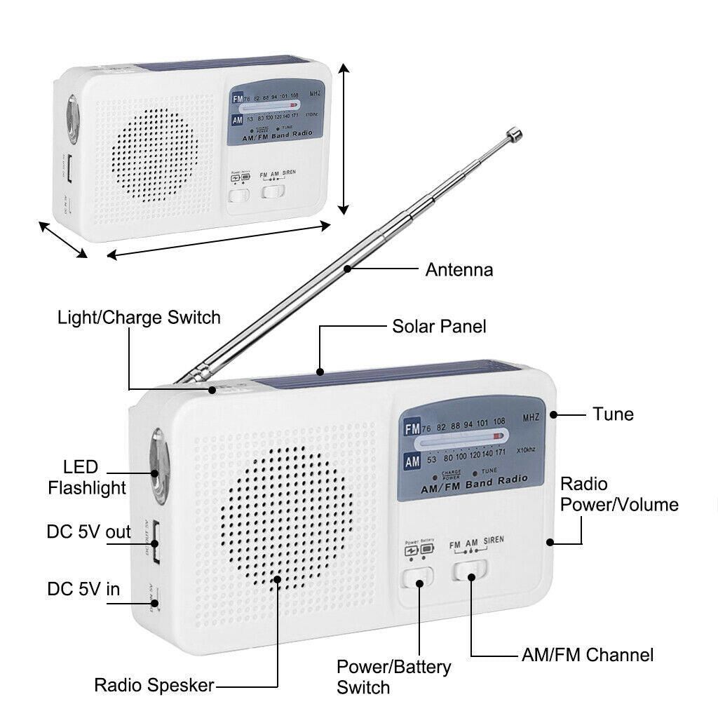 USB Solar Crank Radio AM/FM/Siren Radios LED with Antenna White