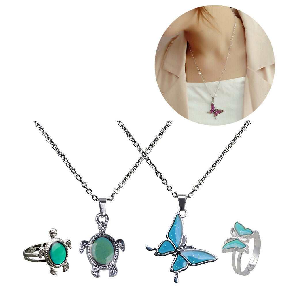 2 Sets Butterfly Color Change Mood Emotion Necklace Ring Jewelry Set Mood