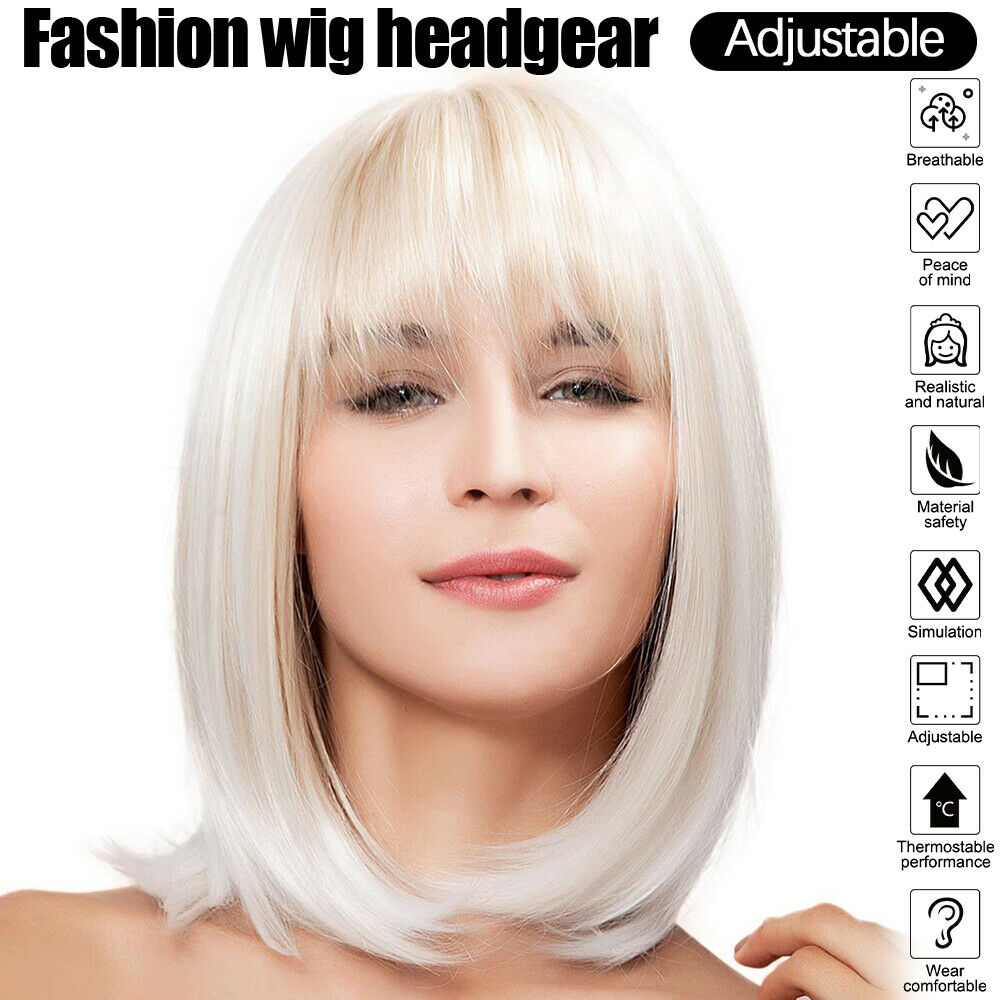 White Ombre Short Bob Wigs Heat Resistant Synthetic Straight Wig with Bangs LIN