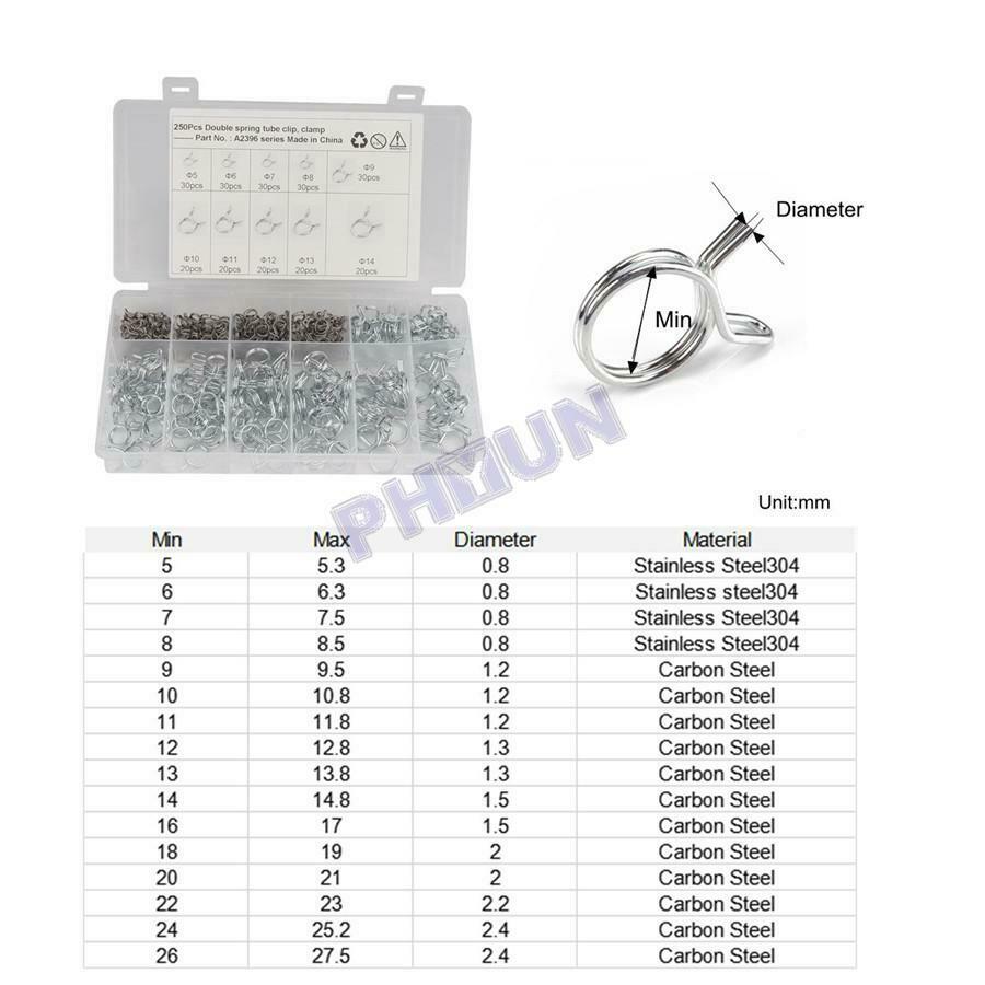 250pcs Î¦5-Î¦14 Double Wire Fuel Line Hose Tube Spring Clamps For Car Motorcycles