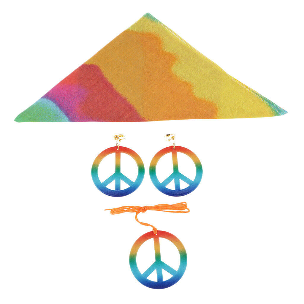 Hipple Peace Sign Earrings Necklace Tie Dye Headband 1960's Halloween Party