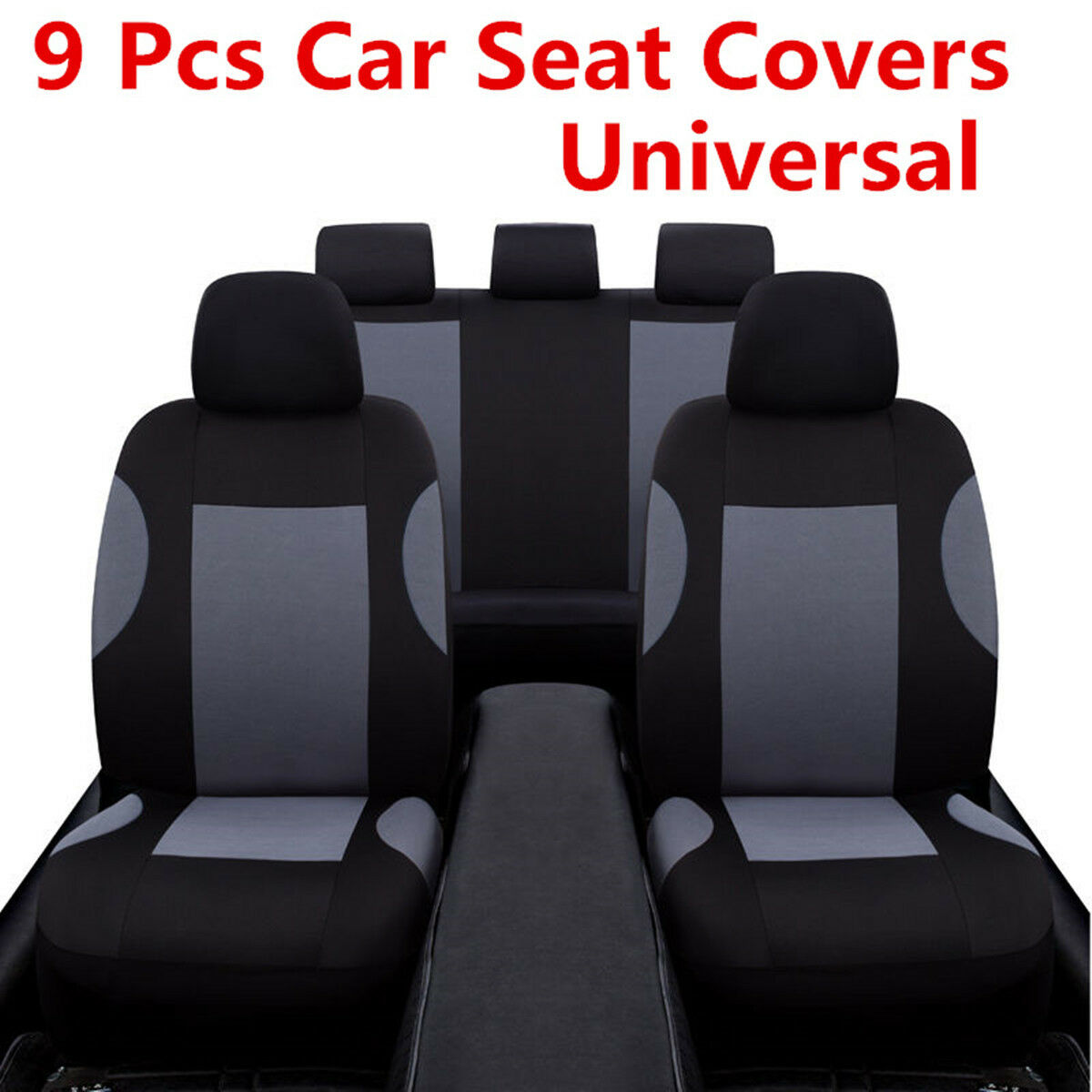 9x Universal Breathable Polyester Gray Car Seat Covers Front Rear Seats Headrest