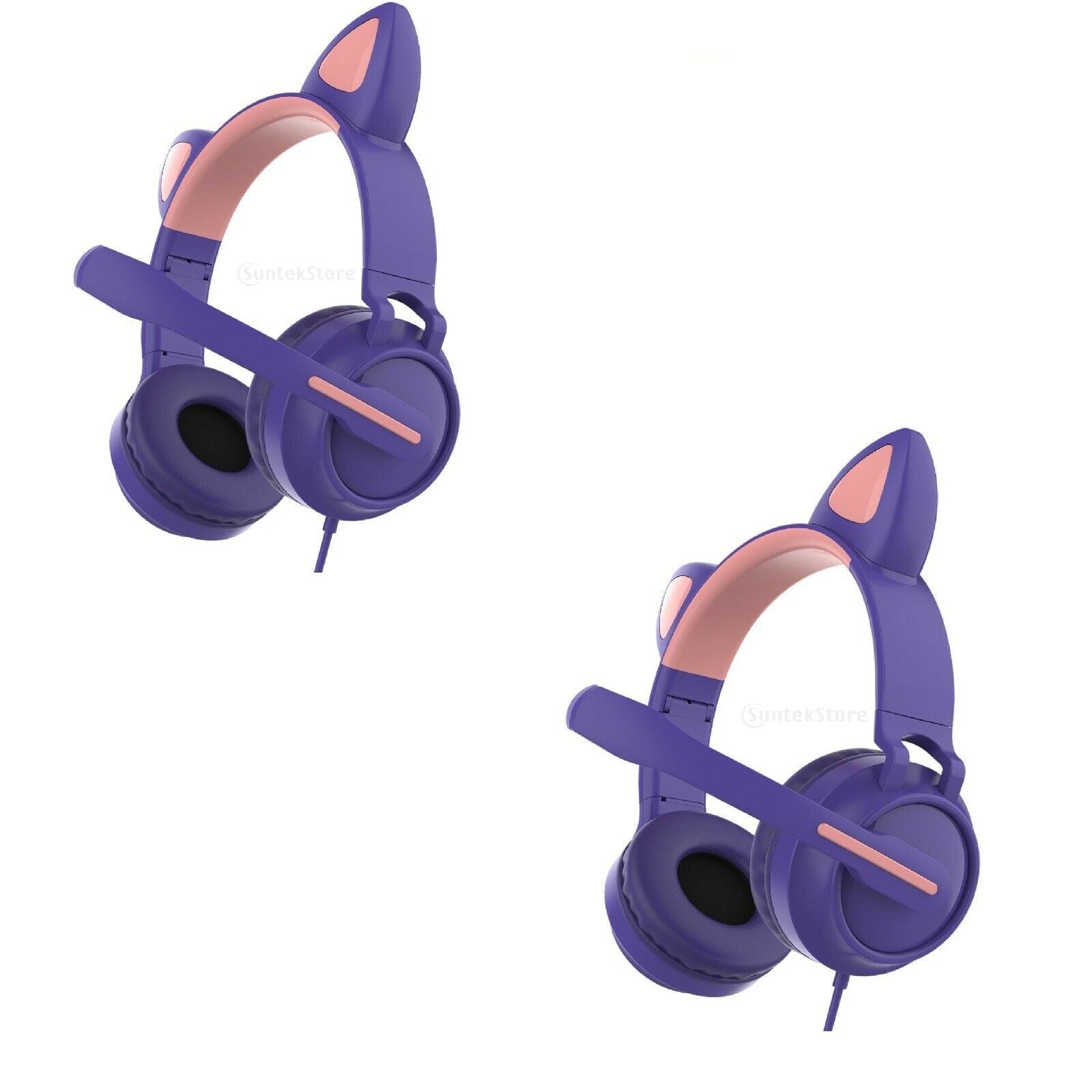 Set of 2 USB Cat Ear Wired Headset Headphones LED Light for PC Games TV