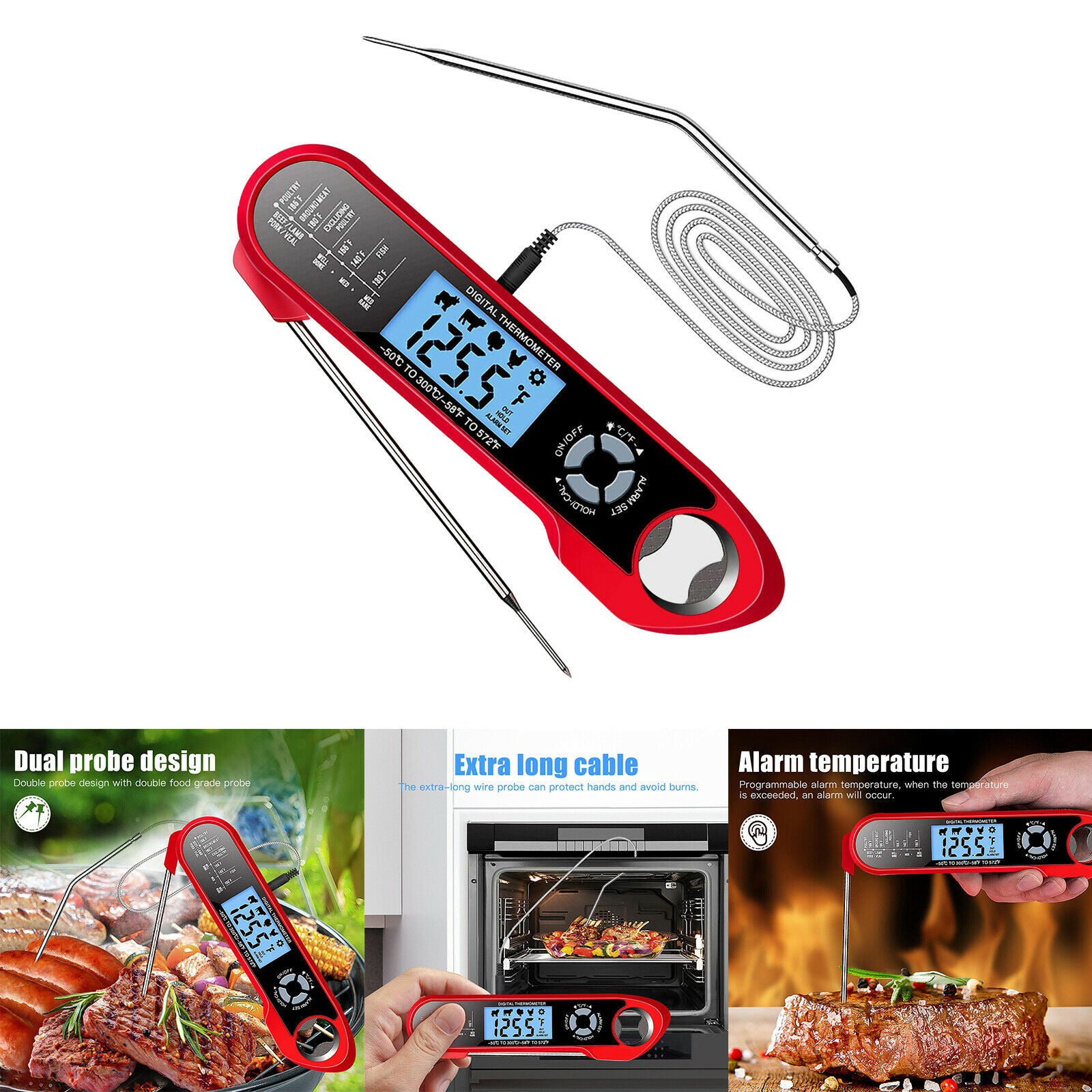 Meat Thermometer Instant Read with Foldable Dual Probes Oven Safe for Turkey