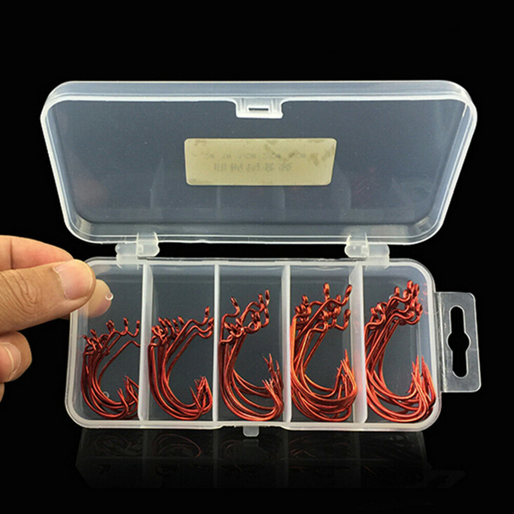 51 Pcs/Set Red Worm High Carbon Steel Fishing Hook For Texas Rig Soft Bait BDAU