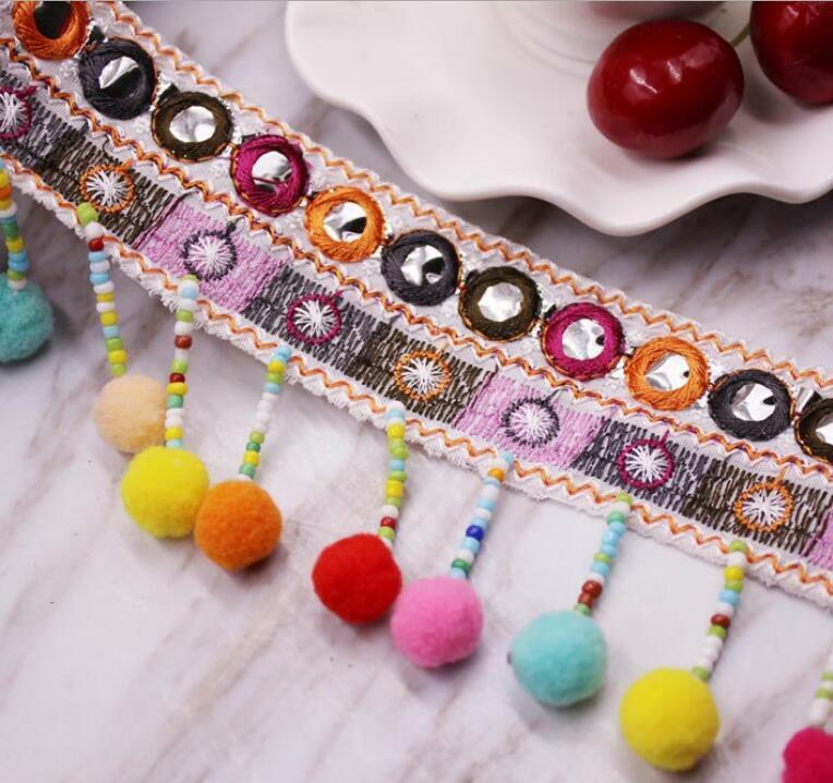 1 Yards Mirror Jacquard Embroidered Lace Beaded hair ball DIY Skirt Decor