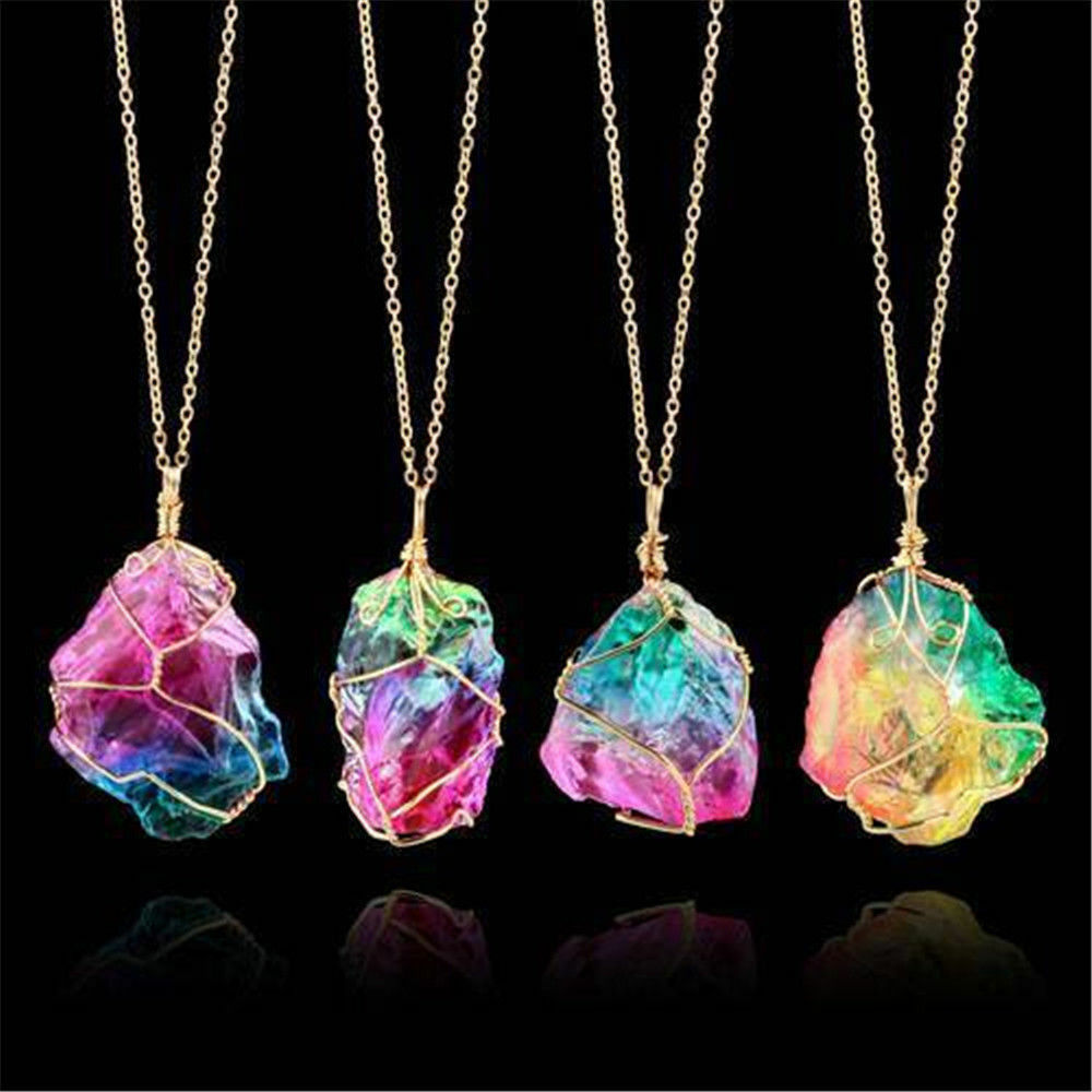 Natural Crystal Rainbow Stone Chakra Rock Chain Necklace Quartz Pendant Jewelry