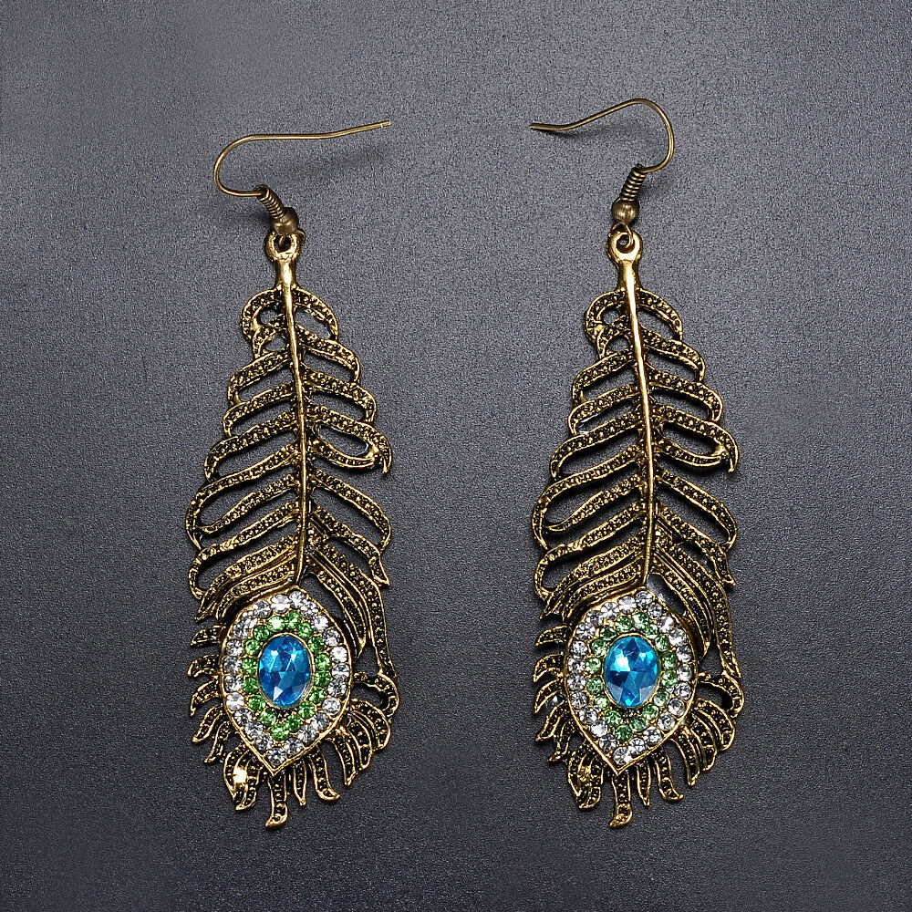 Retro Women Rhinestone Peacock Eye Feather Dangle Hook Earrings Jewelry Gift New