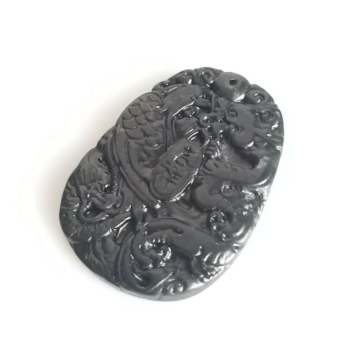 Chinese Black Green Jade Hand Carved Dragon Phoenix Pendant Lucky Amulet Gifts
