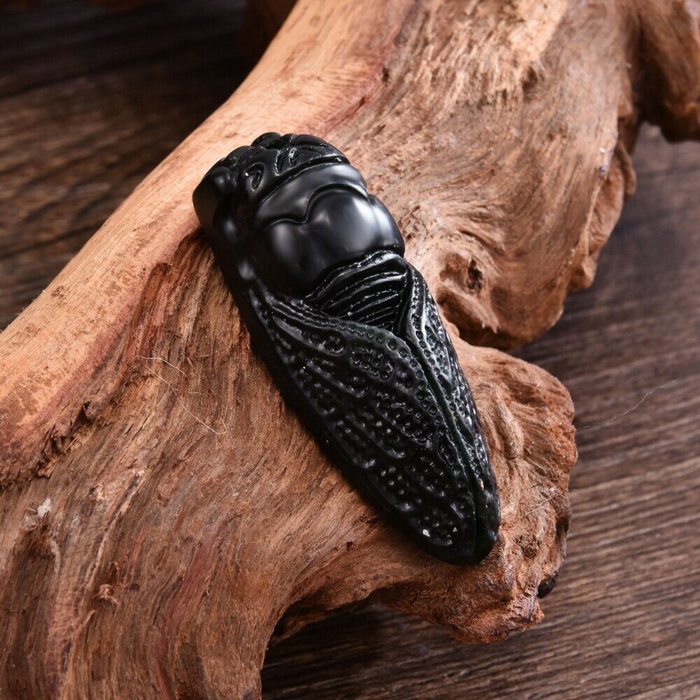 Natural Obsidian Green Jade Hand Carved Cicada Good Luck Pendant Jewelry 2021