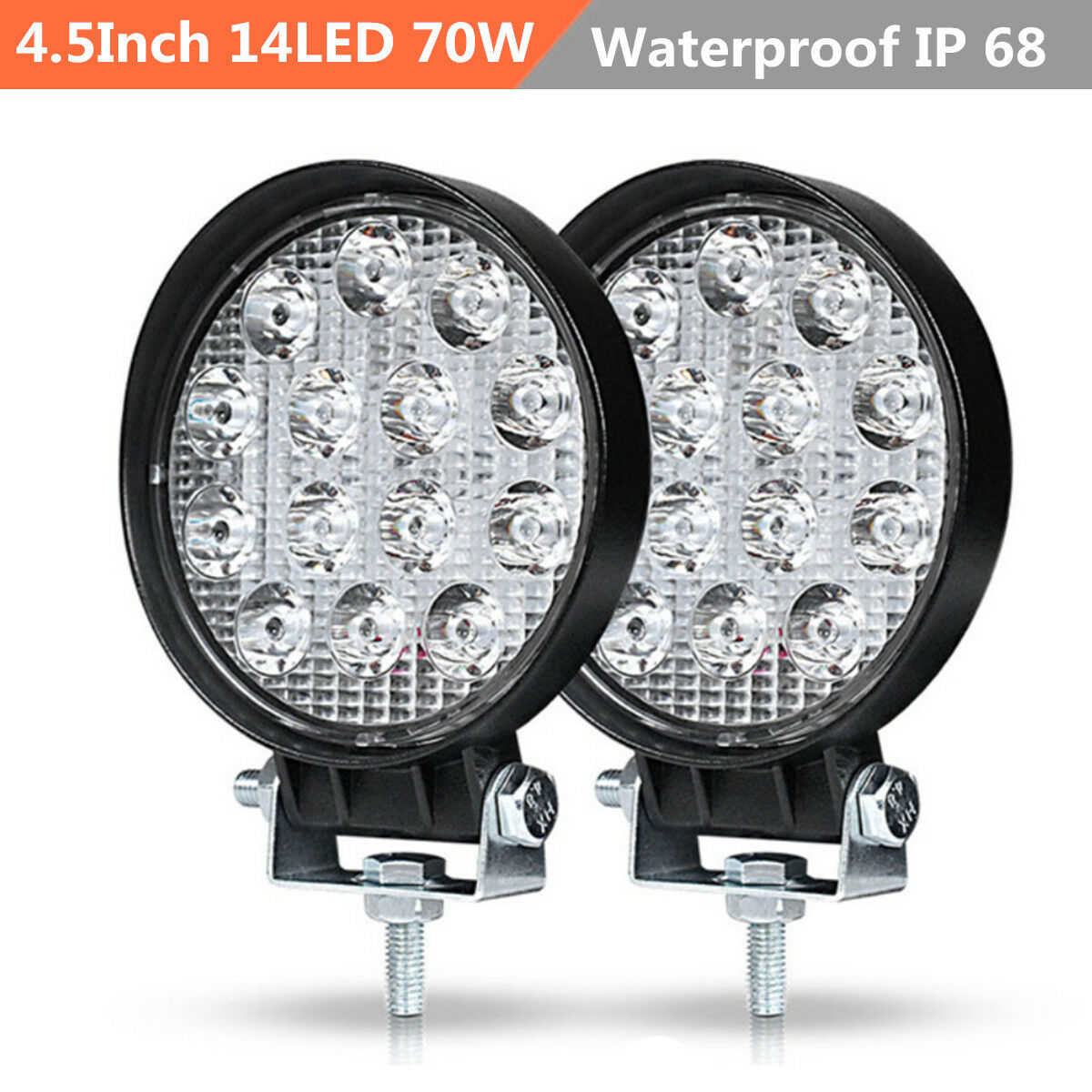 Pair 4.5Inch Round 70W 14 LED Work Light Fog Driving Lamp Offroad SUV Spotlight
