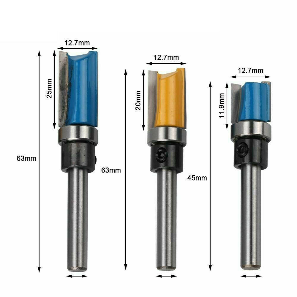 3PCS 1/4" Shank Cutting Straight Router Bit Flush Trim Woodwork Milling Cutter