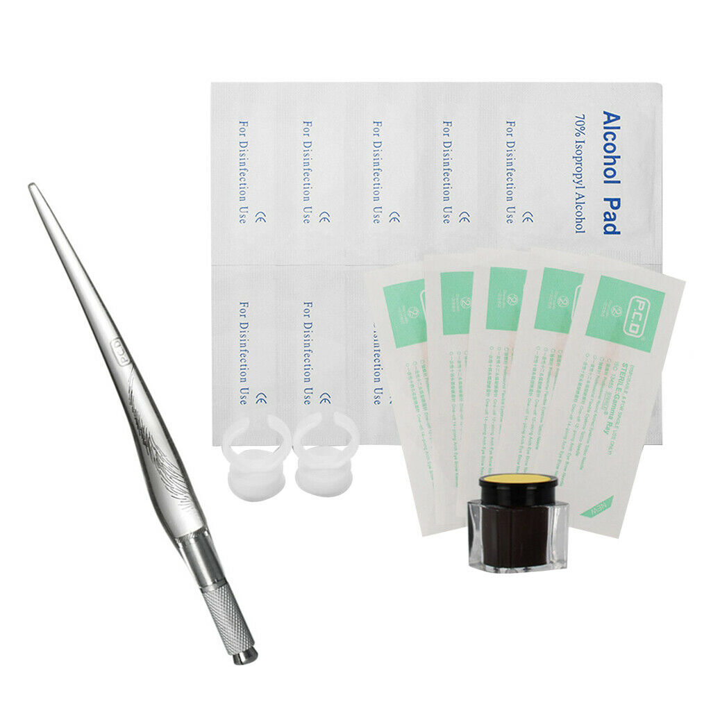 Permanent Makeup Kit Tattoo Pen Needles Pigment Ink Holder Finger Rings Caps