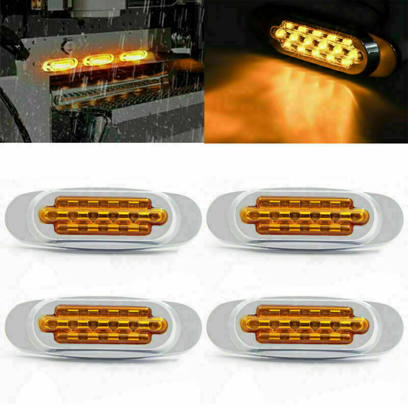 4x Amber 16 LED Truck Trailer Side Marker Turn Signal Lights Chrome 12V 3 Wires
