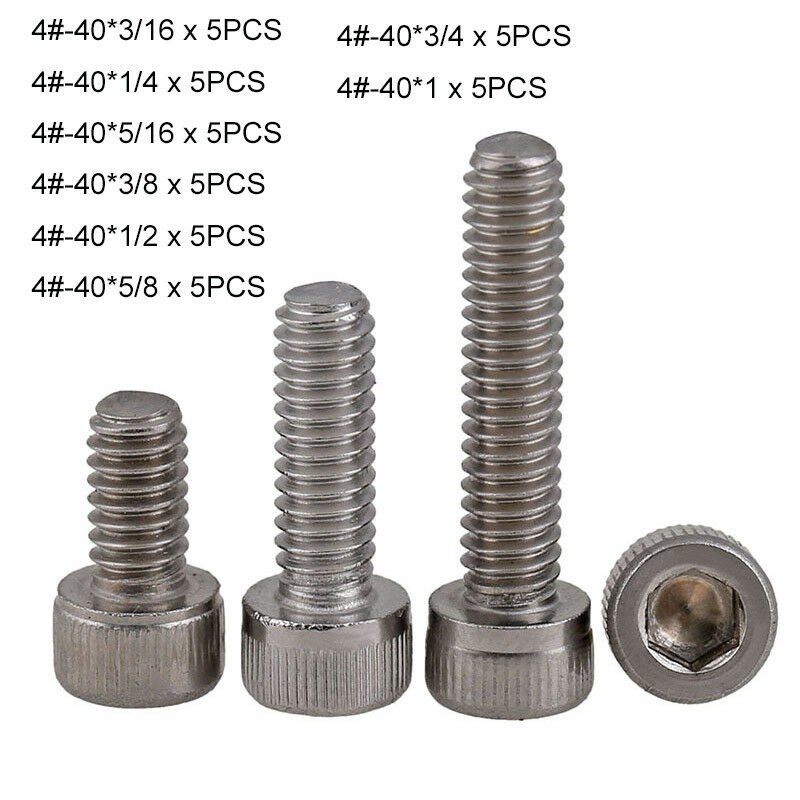 40Pc 4#-40 UNC Allen Bolt Socket Cap Screws Hex Head Kit 304 Stainless L3/16"~1"
