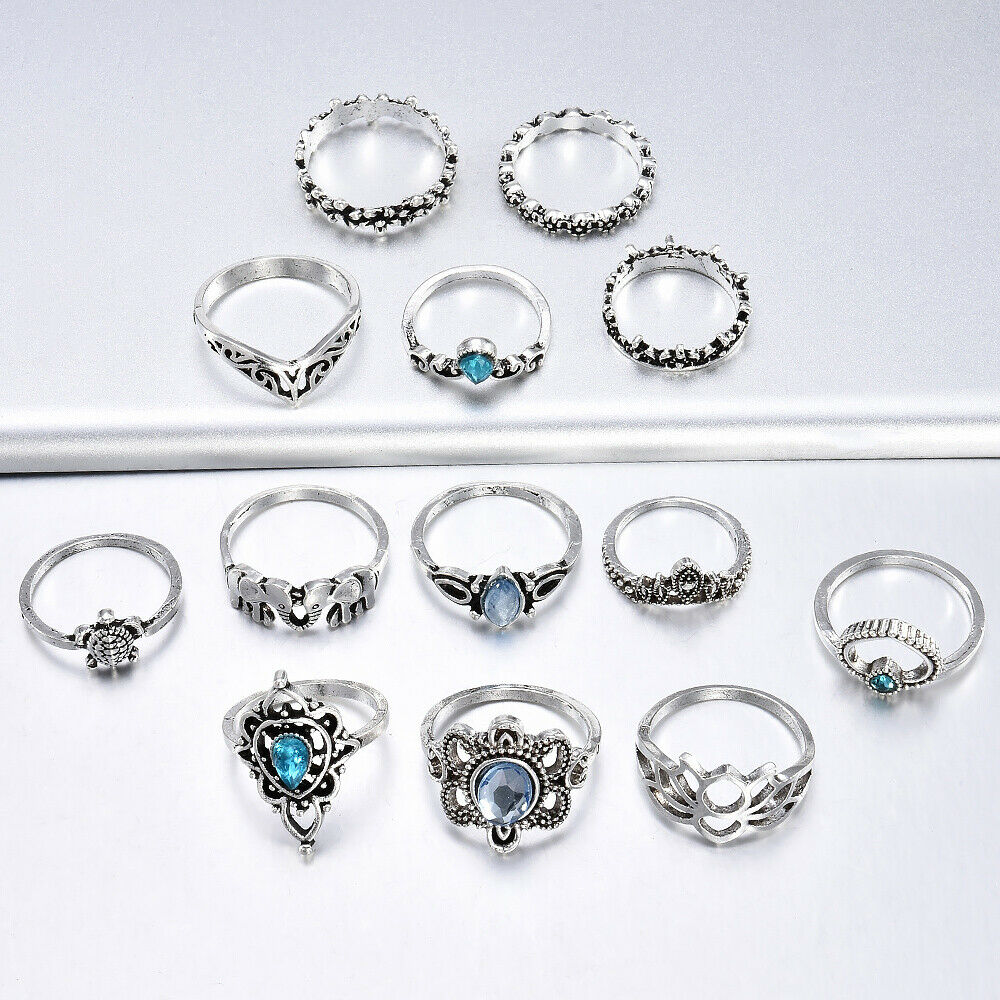 Women 13pcs Blue Crystal Turtle Finger Rings Knuckle Midi Ring Sets Boho Jewelry