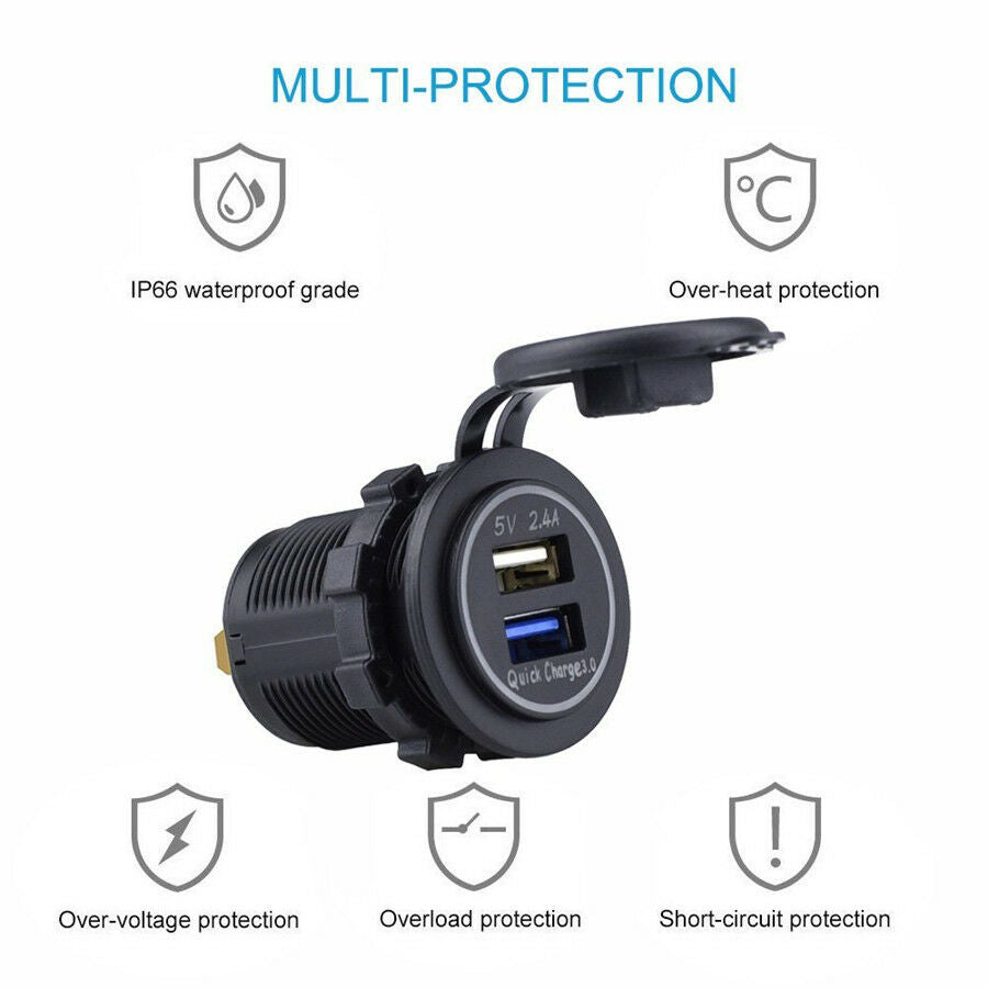 Dual USB Quick Charger 3.0 Power Outlet 2.4A Blue Led Indicator for Car Boat