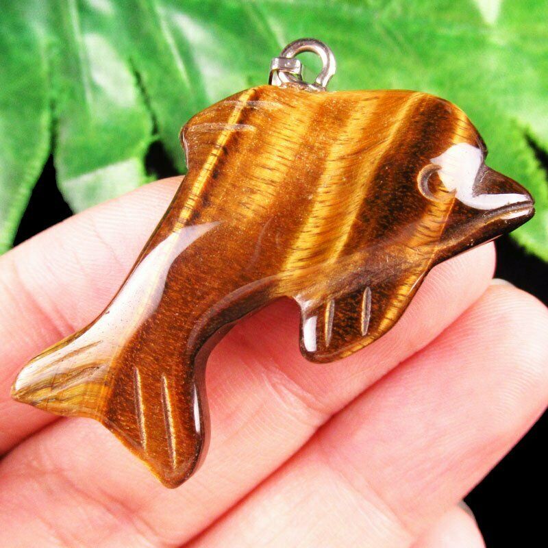2pcs Carved Natural Yellow Tiger Eye Gem Dolphin Pendant 45x26x10mm A-450DP