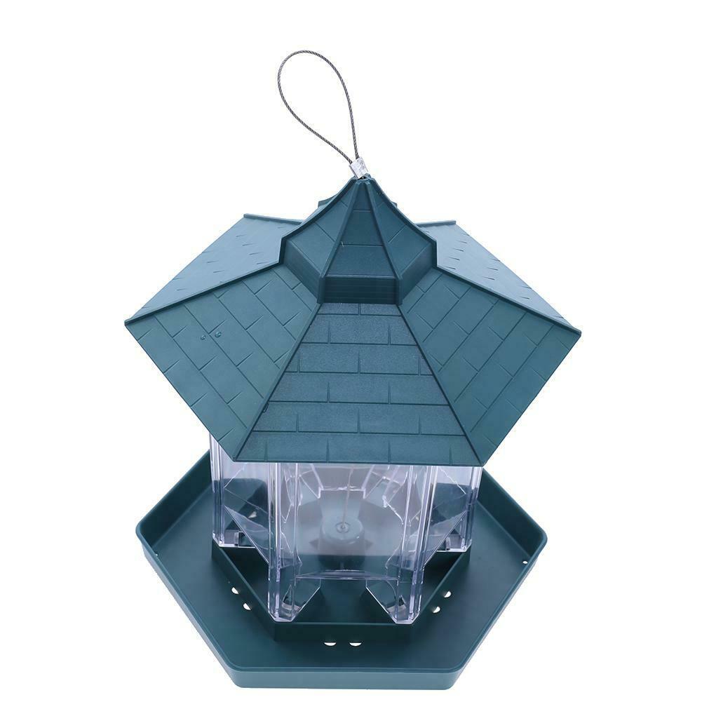 Green Pavilion Bird Feeder Plastic Hanging Bird Food Container Garden Decor @