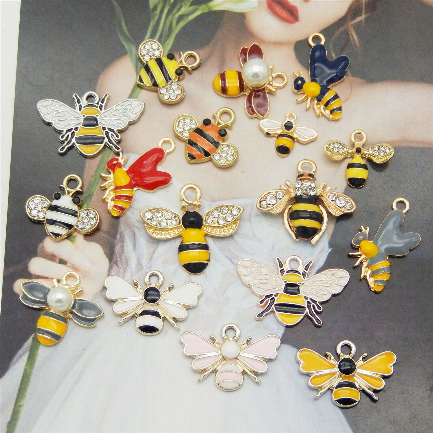 15 Mix Alloy Honeybee Enamel Charm Bee Bubblebee Pendant Winged Insect Jewelry