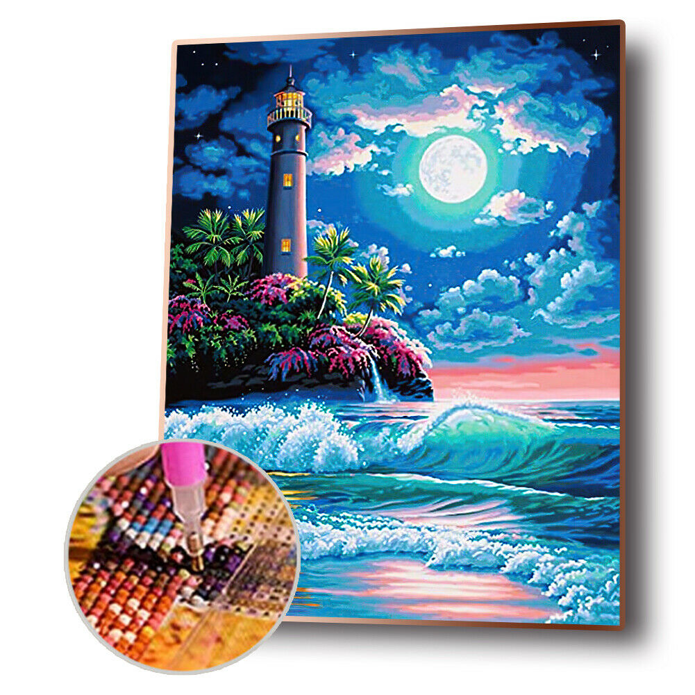 Lighthouse Full Moon 5D DIY Full Square Drill Diamond Painting Mosaic Craft @