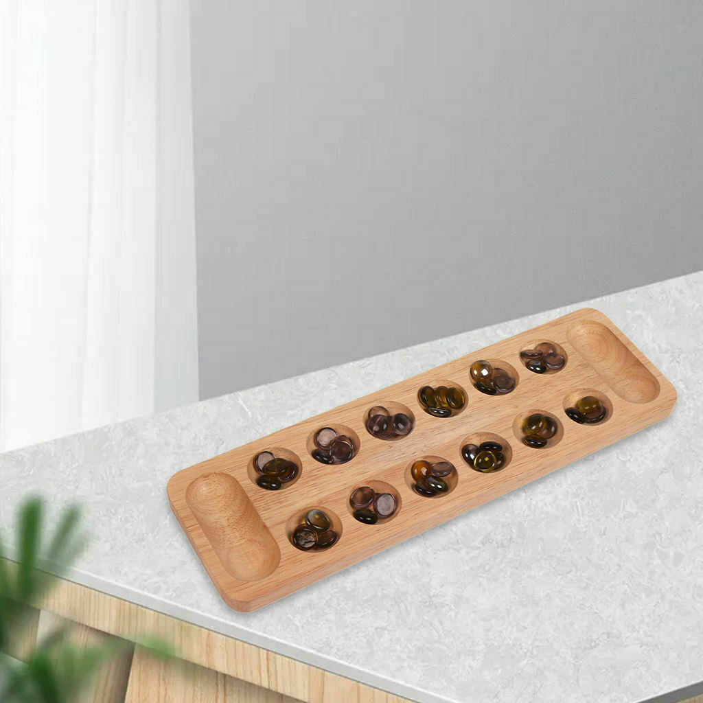 Portable Classic Wooden Mancala Board Game w/ 48 Glass Stones Set Strategy Game