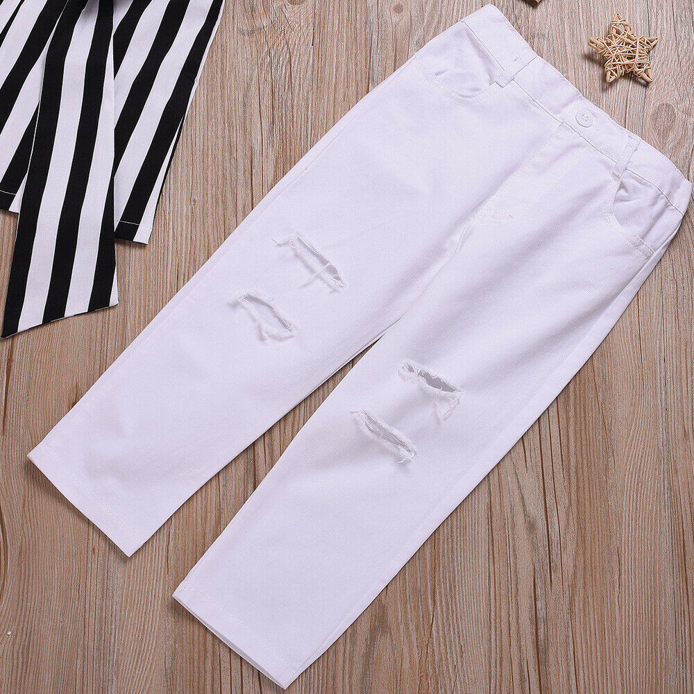 Baby Kids Girls Vertical Stripes Print Big Bowknot Tank Top+ Pants Trousers Set