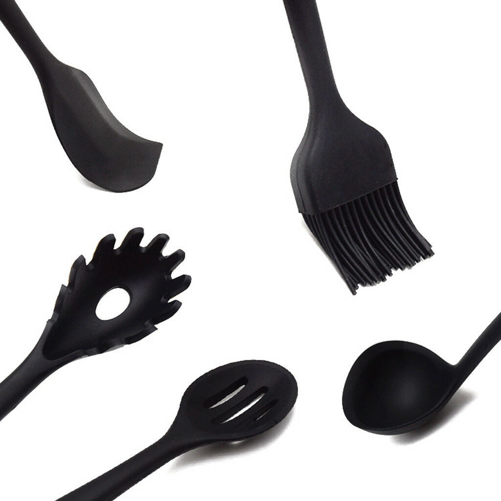 Household Silicone Cooking Kitchen Utensil Tools Spoon Spatula Black 10pcs