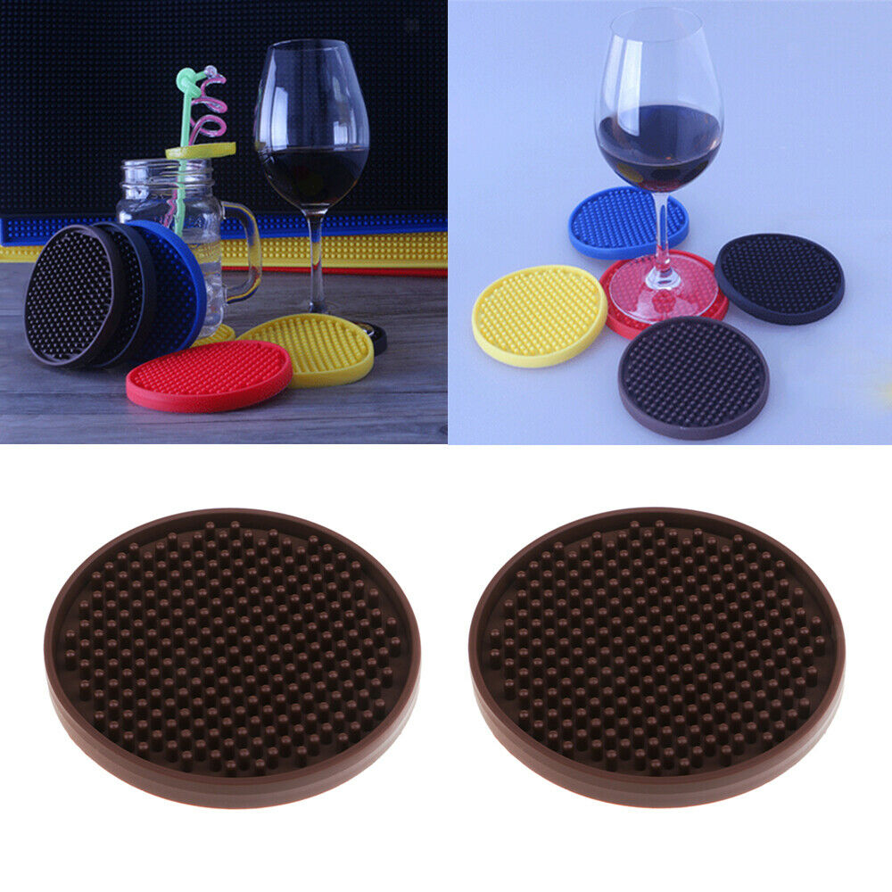 2pcs 4'' Round Drink Coasters Rubber Drinks Cup Glasses Placemat Brown