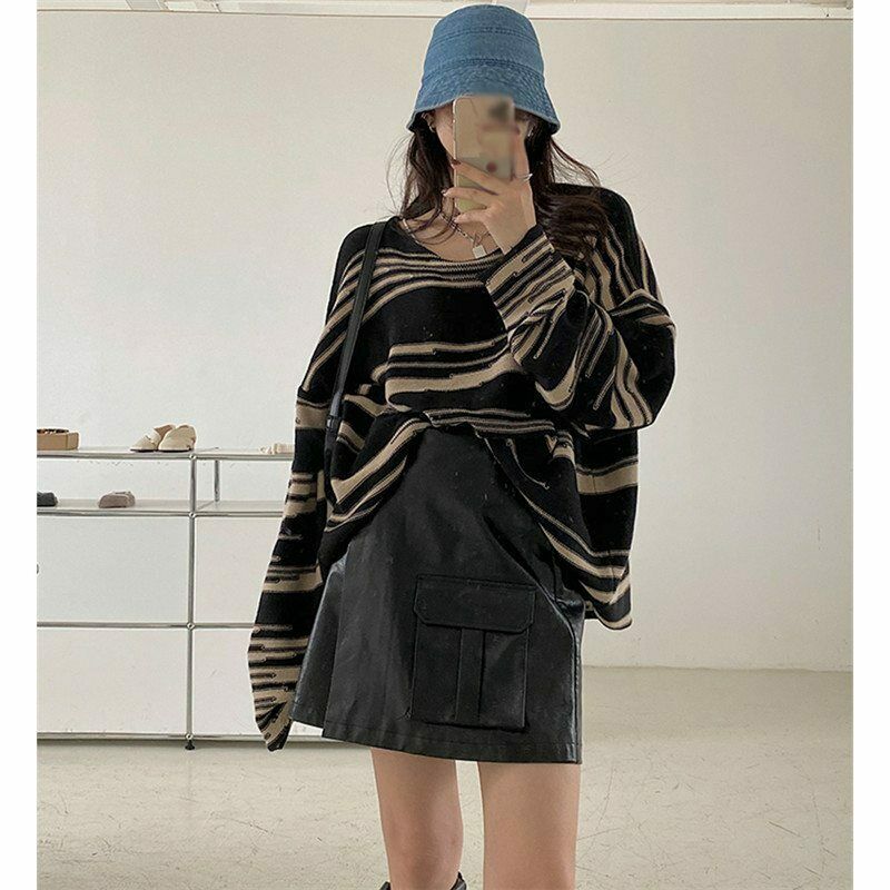 Knitted Striped Jumpers Loose Sweater Long Sleeve Oversize Pullover Casual Retro