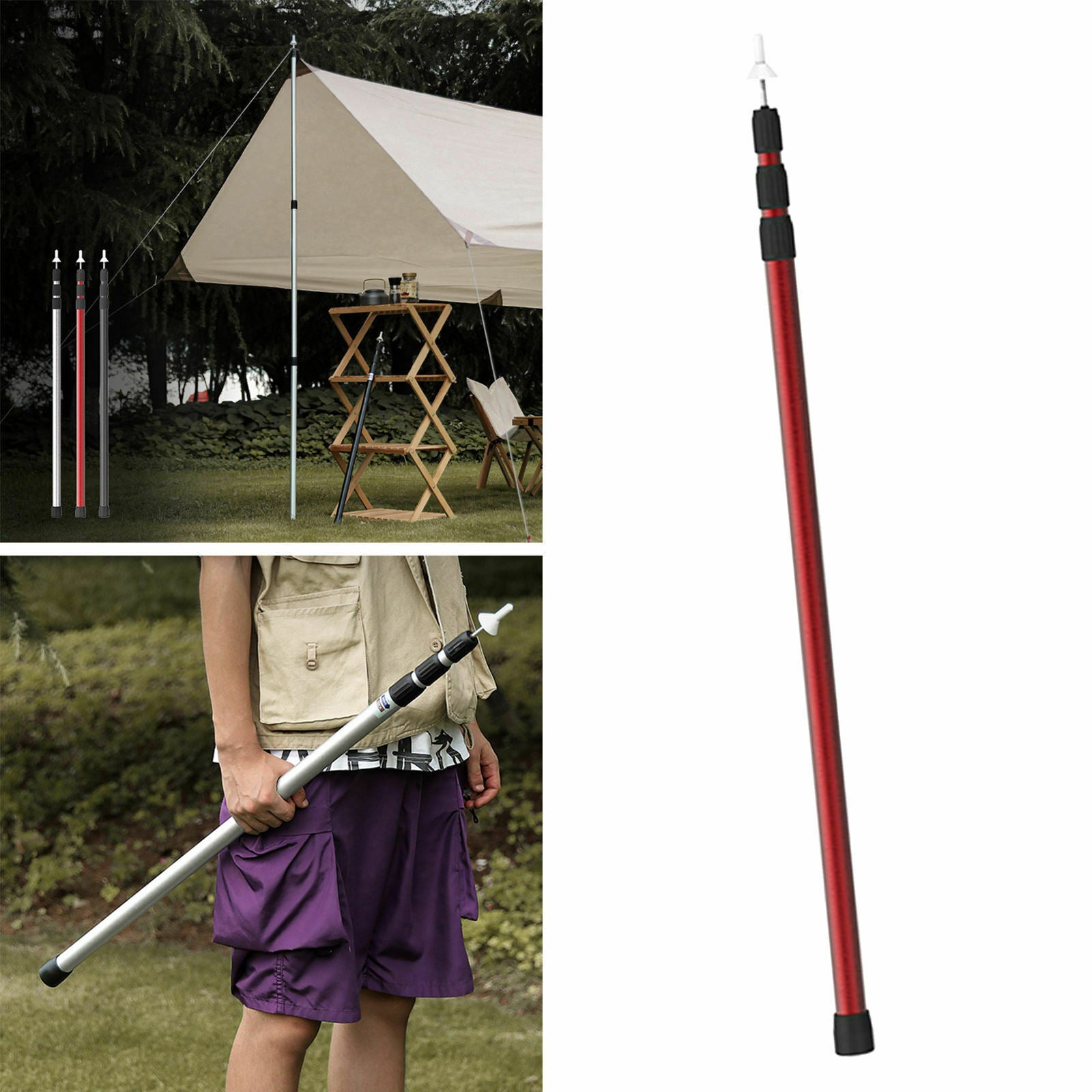 Telescoping Tarp Poles Tarp Fall Camping Hiking Shelter Hammock Shade red